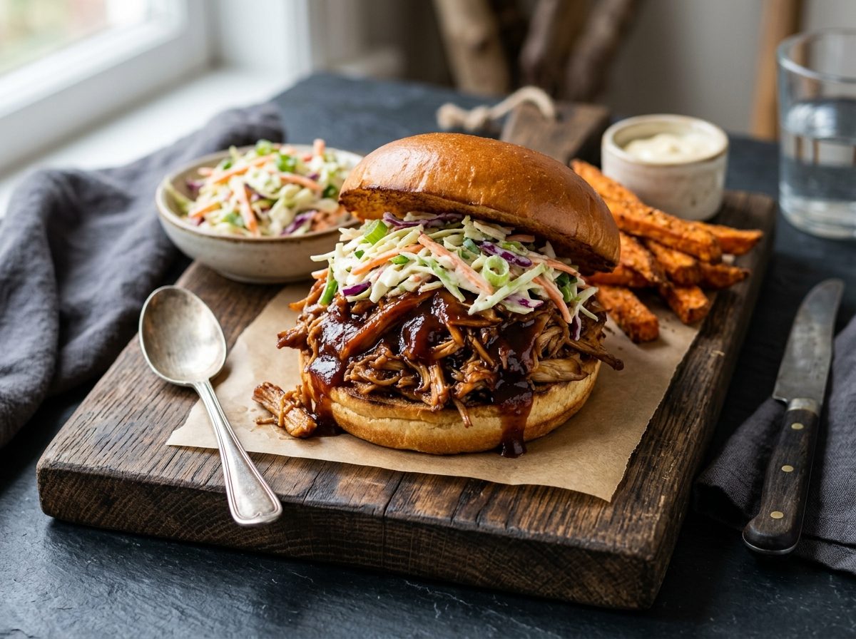 BBQ pulled lion's mane mushroom sandwich on a toasted bun topped with creamy coleslaw