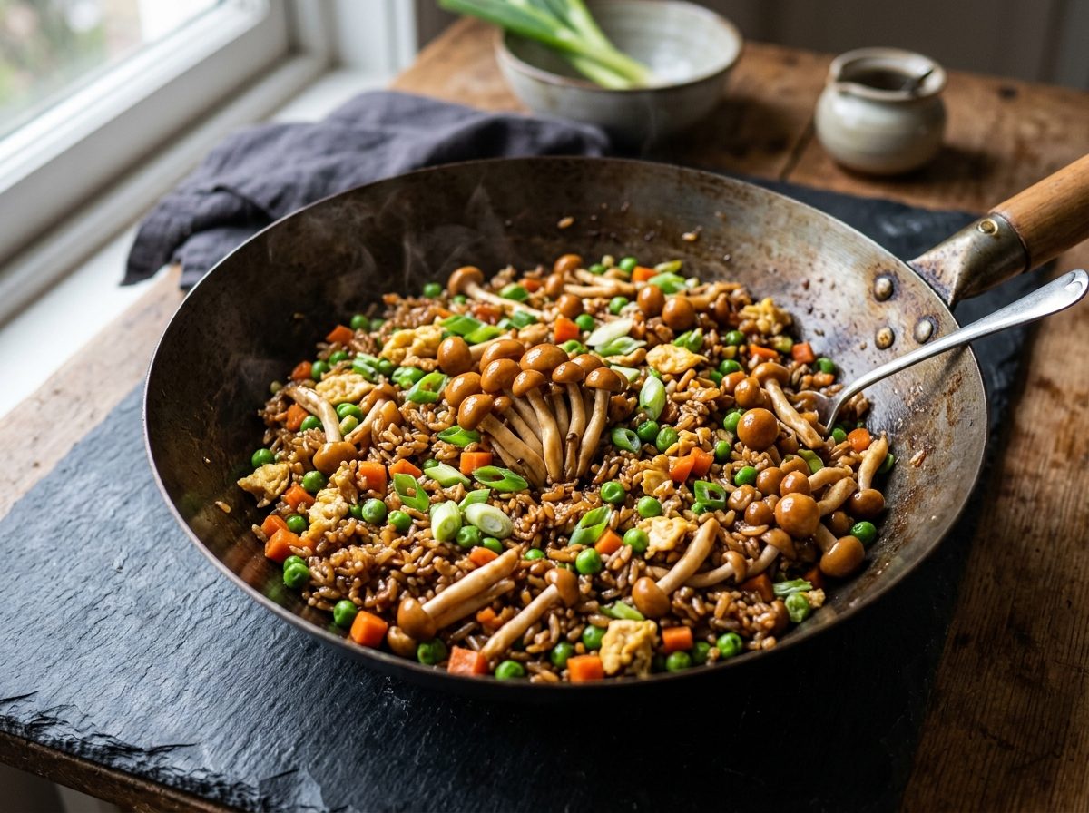 Wok of fried rice with sautéed chestnut mushroom (Pholiota adiposa) clusters, scrambled egg, peas, carrots and green onions