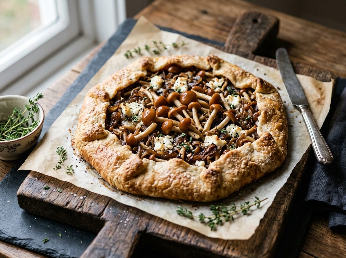 Rustic free-form galette with golden folded pastry edges filled with chestnut mushroom clusters, caramelized onion, goat cheese and thyme