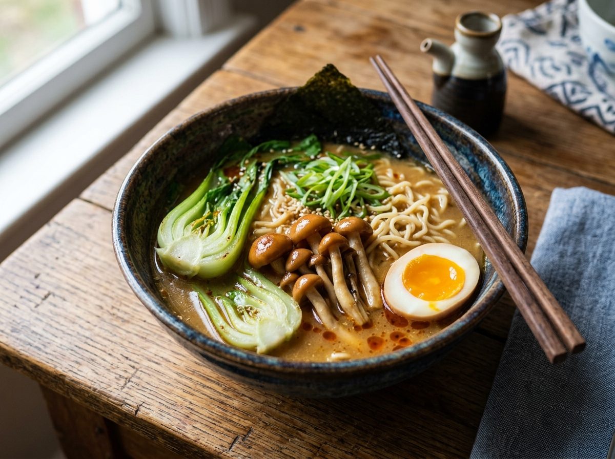 Bowl of miso ramen with chestnut mushroom clusters, baby bok choy, soft-boiled egg and green onions