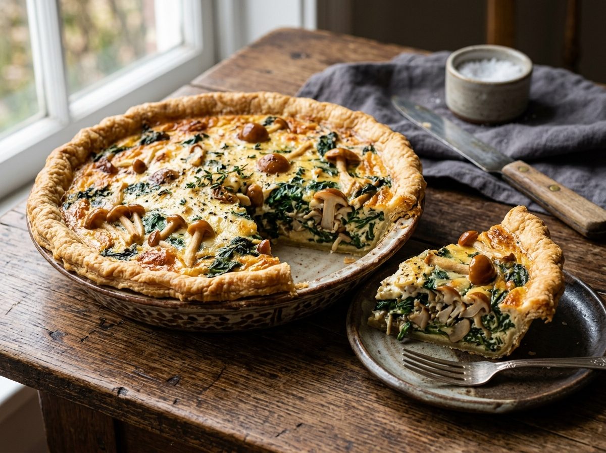 Golden baked quiche with a slice removed showing chestnut mushroom clusters, spinach and Swiss cheese in a flaky crust