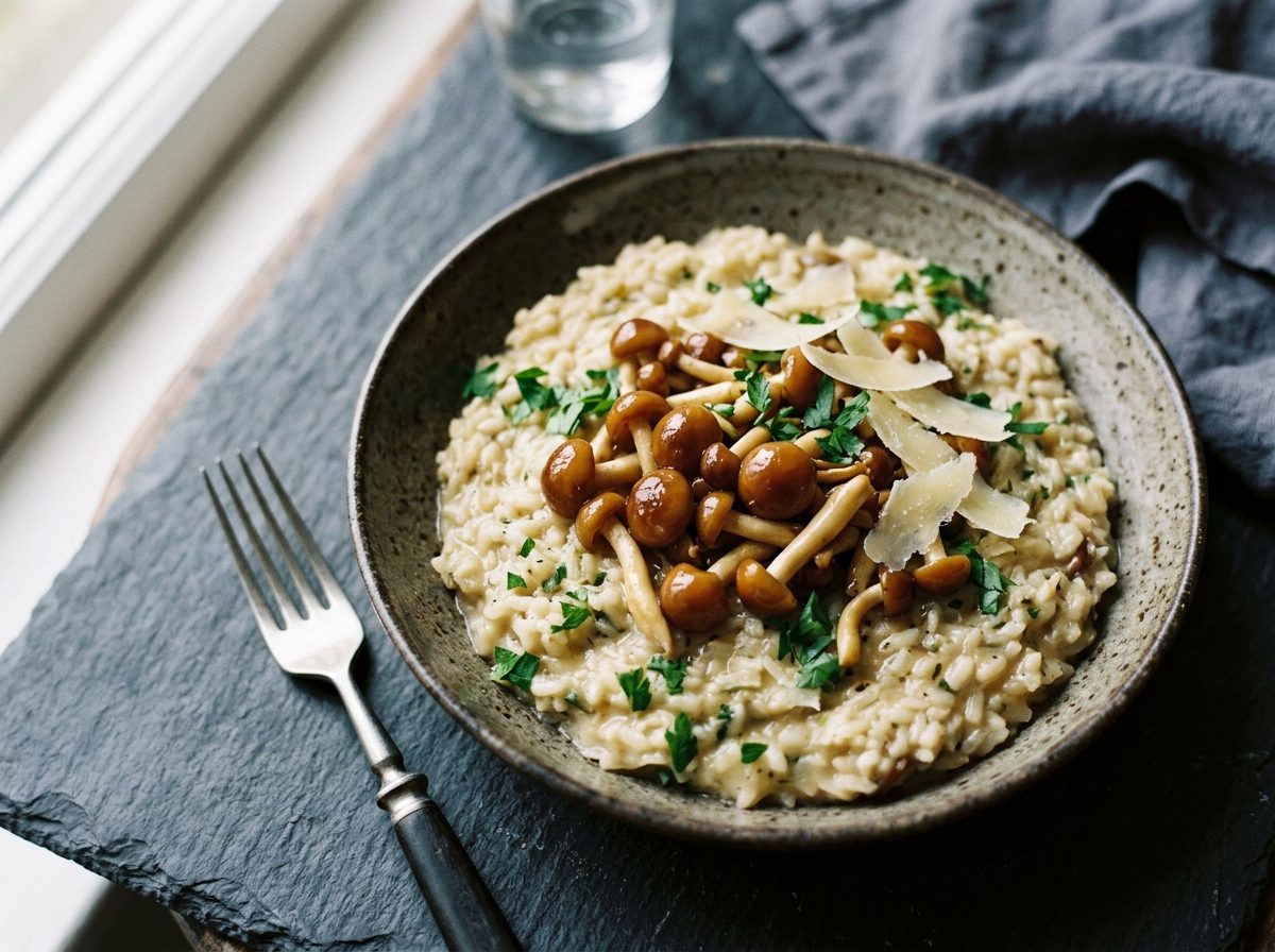 Creamy risotto topped with sautéed golden-brown chestnut mushroom (Pholiota adiposa) clusters and parsley
