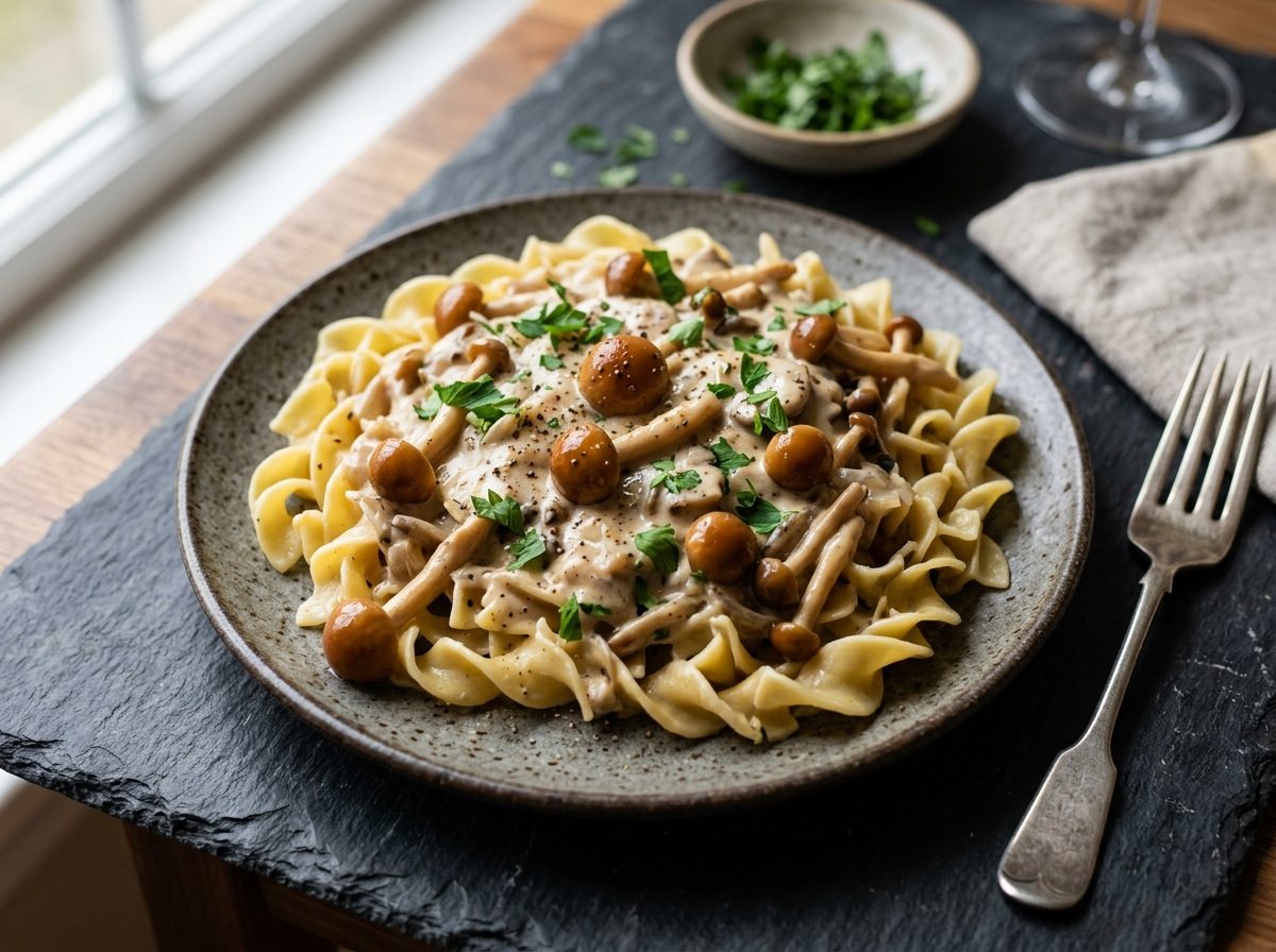 Creamy chestnut mushroom stroganoff with caramel-brown Pholiota adiposa clusters in a sour cream sauce over wide egg noodles with parsley
