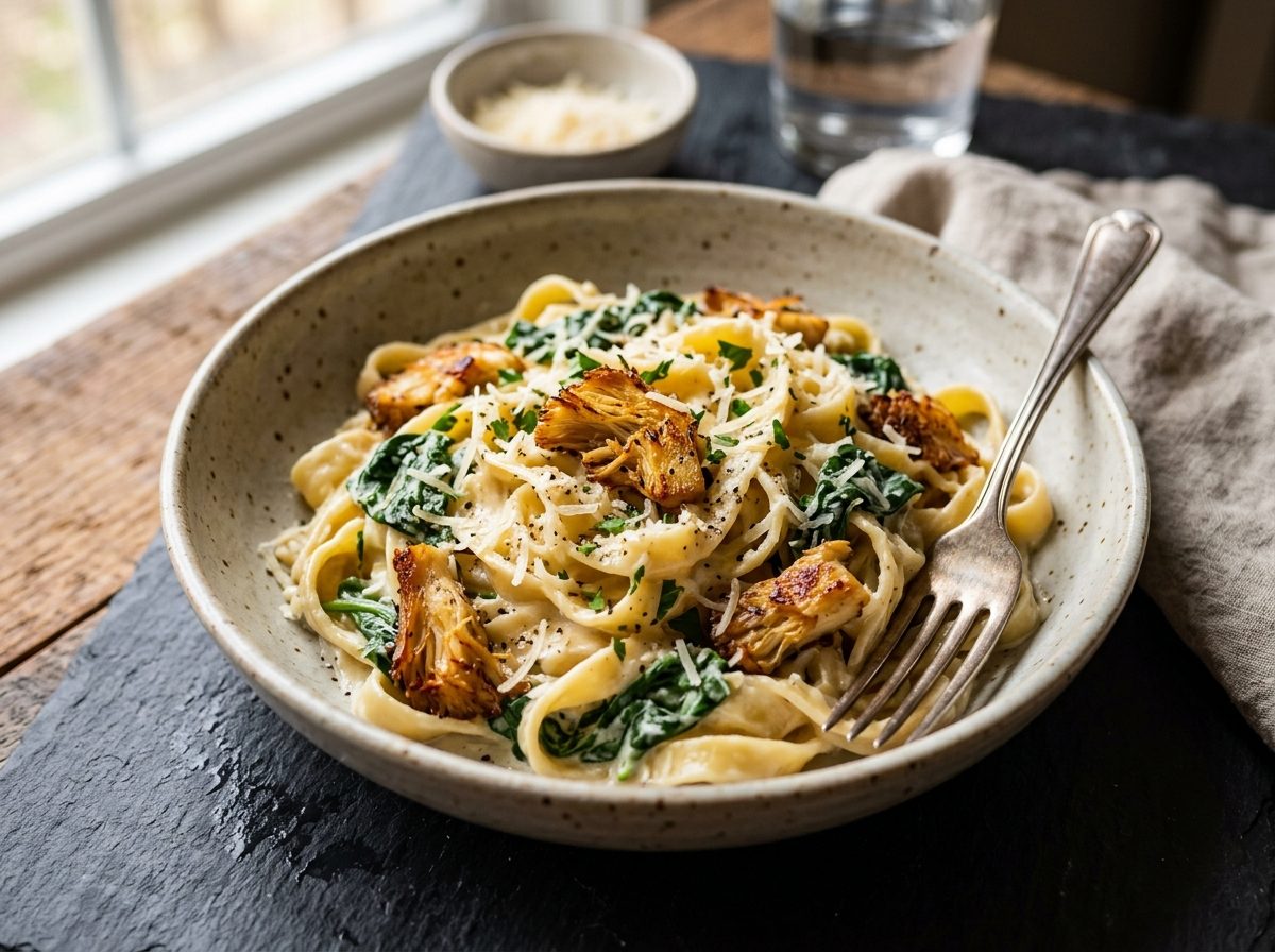 Bowl of creamy fettuccine Alfredo with golden lion's mane mushroom pieces and baby spinach