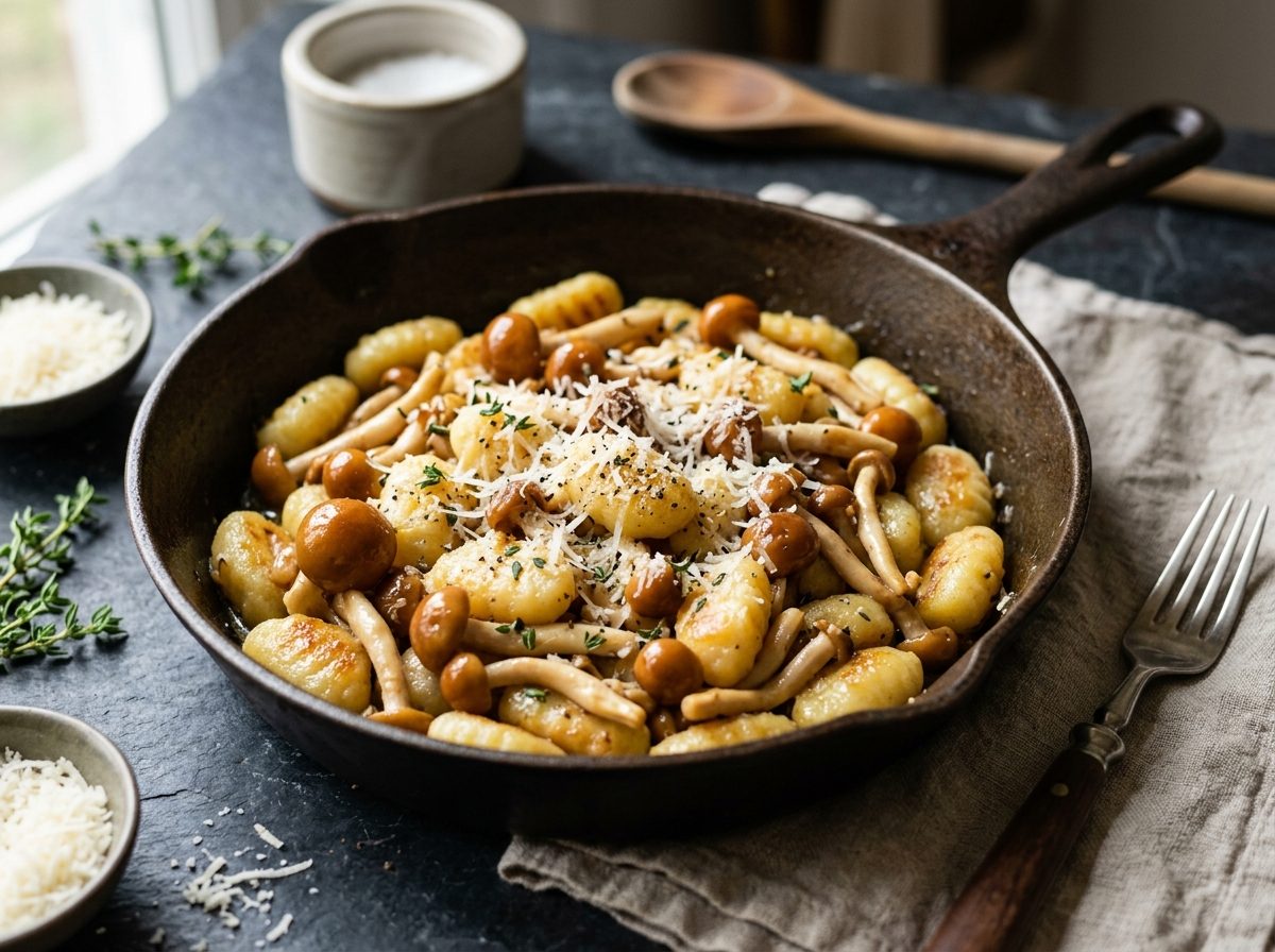 Skillet of pillowy potato gnocchi tossed with golden chestnut mushroom (Pholiota adiposa) clusters, garlic butter, Parmesan and thyme