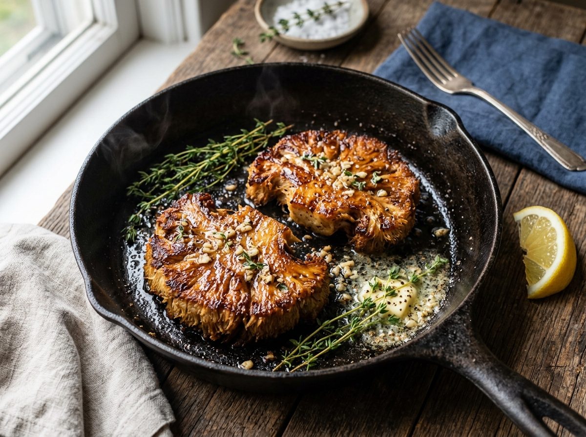 Seared lion's mane mushroom steaks glistening with garlic butter and fresh thyme in a cast-iron skillet