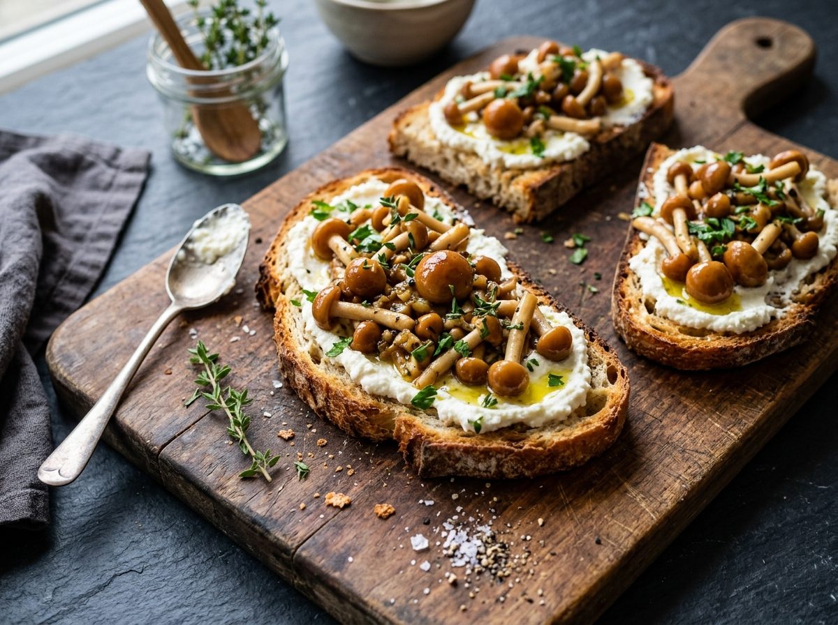 Sourdough toast with ricotta topped with sautéed chestnut mushroom clusters, thyme and parsley
