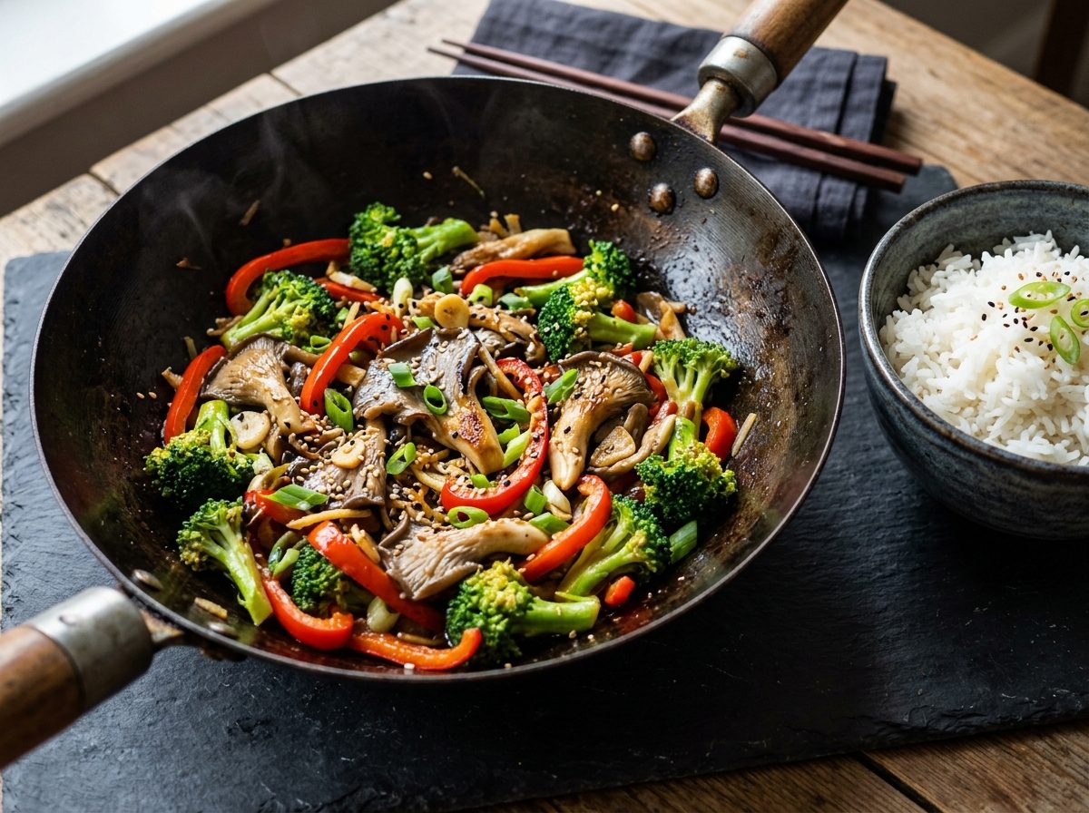 Wok-tossed blue oyster mushroom stir-fry with broccoli, red bell pepper and sesame seeds over rice