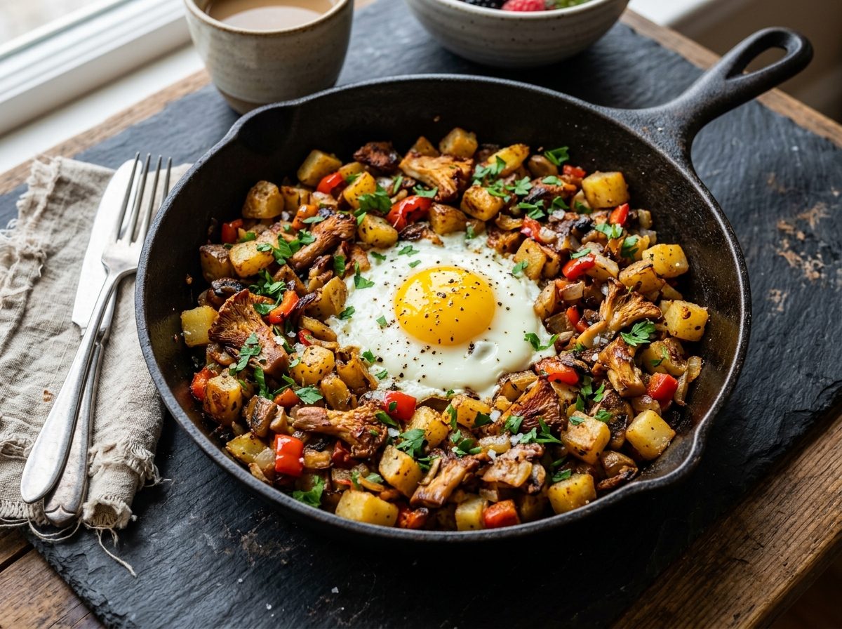 Cast-iron skillet breakfast hash with crispy diced potatoes, golden lion's mane mushroom, peppers, onion and a fried egg