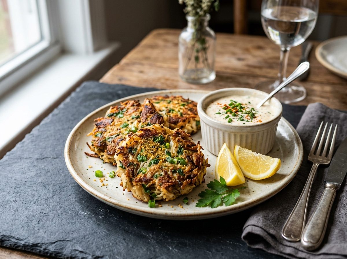 Golden-brown lion's mane mushroom crab cakes on a plate with lemon wedges and remoulade