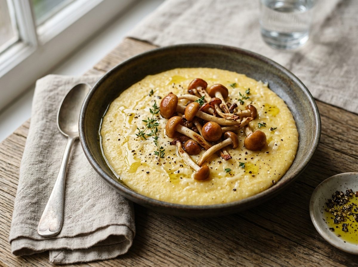 Shallow bowl of creamy Parmesan polenta topped with roasted caramel-brown chestnut mushroom clusters, thyme and olive oil