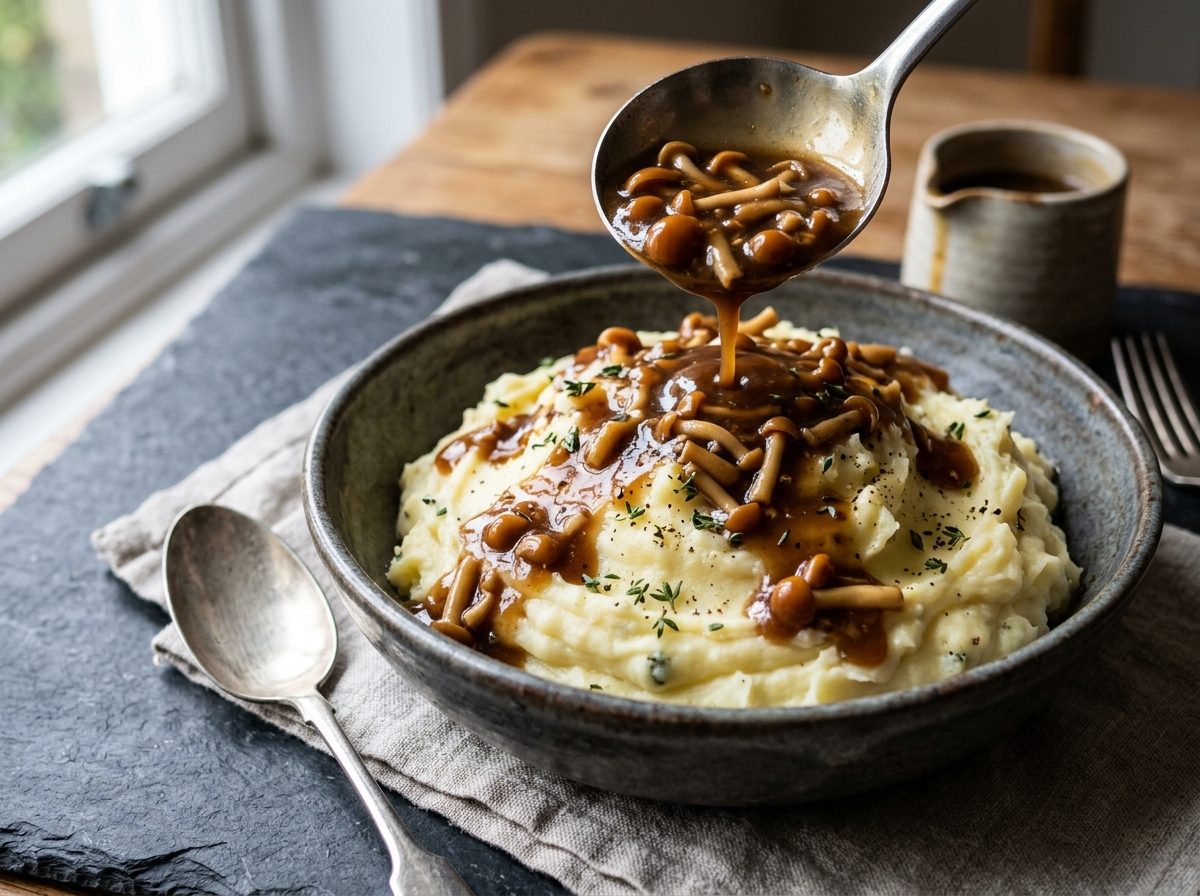 Rich brown chestnut mushroom gravy with finely chopped mushrooms being poured over creamy mashed potatoes, thyme garnish