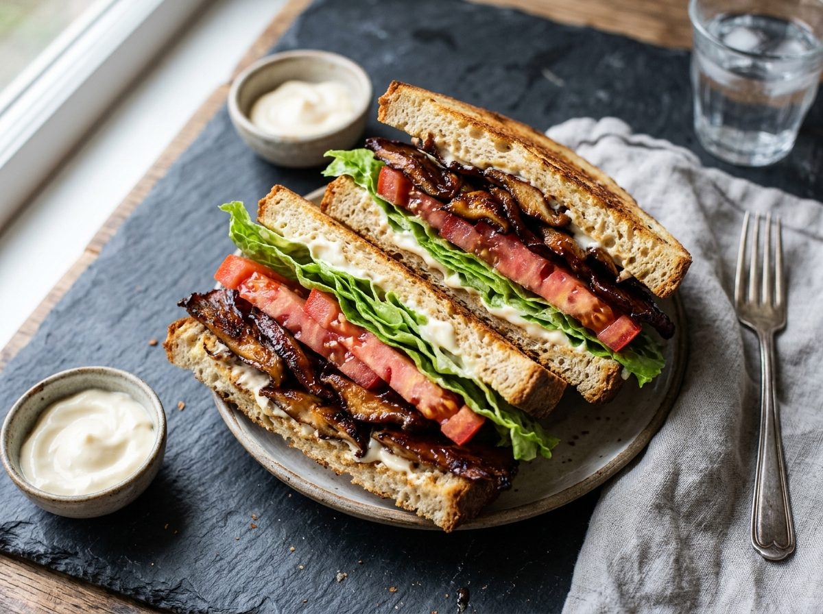 Blue oyster mushroom BLT sandwich with crispy smoky mushroom strips, lettuce and tomato on toasted bread