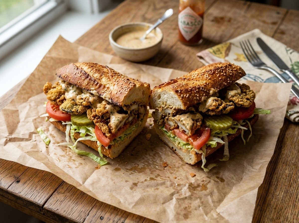 Po'boy sandwich on a toasted French roll stuffed with crispy cornmeal-fried blue oyster mushrooms, lettuce, tomato, pickles and remoulade